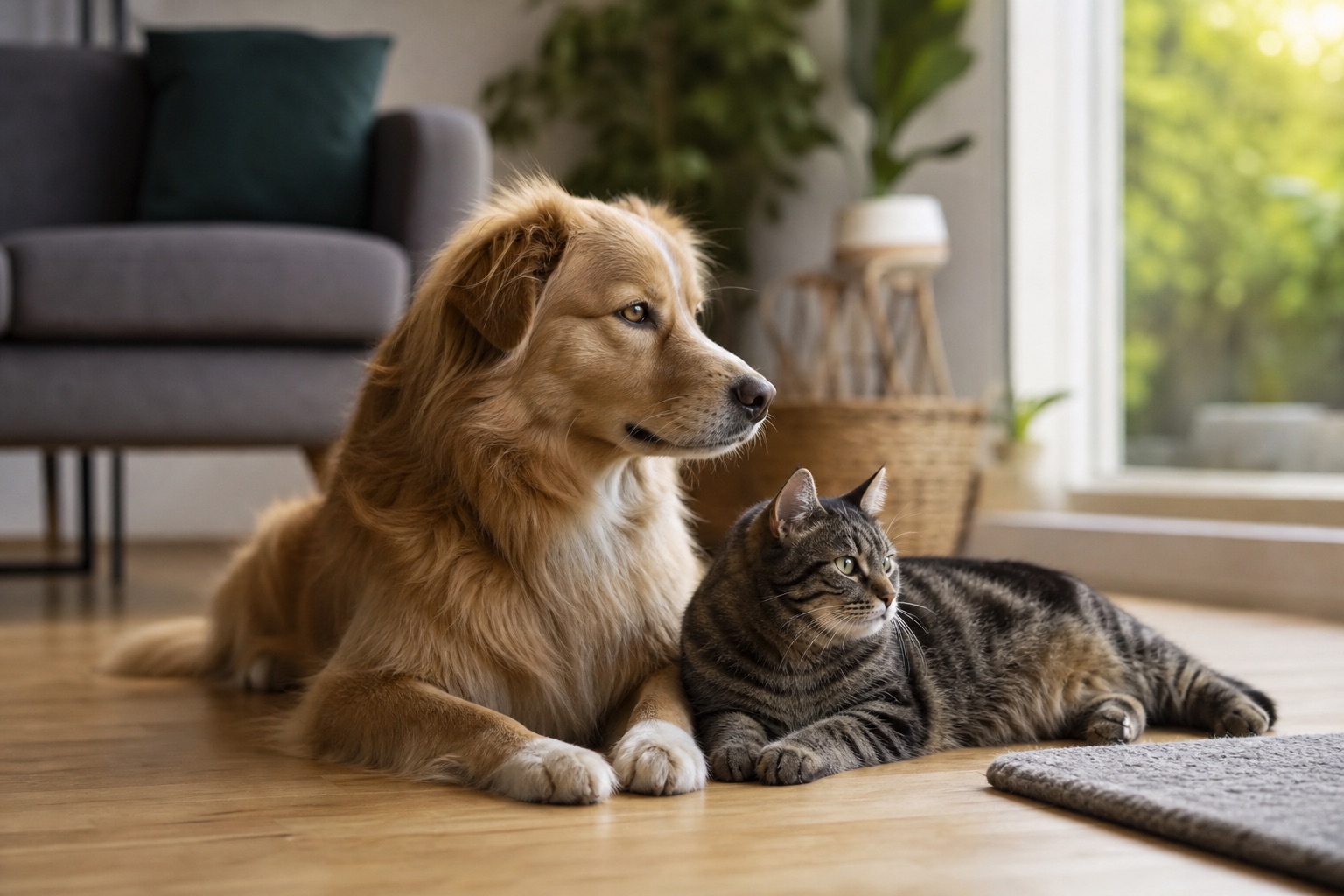 Un chien golden retriever et un chat tabby allongés ensemble dans un intérieur chaleureux